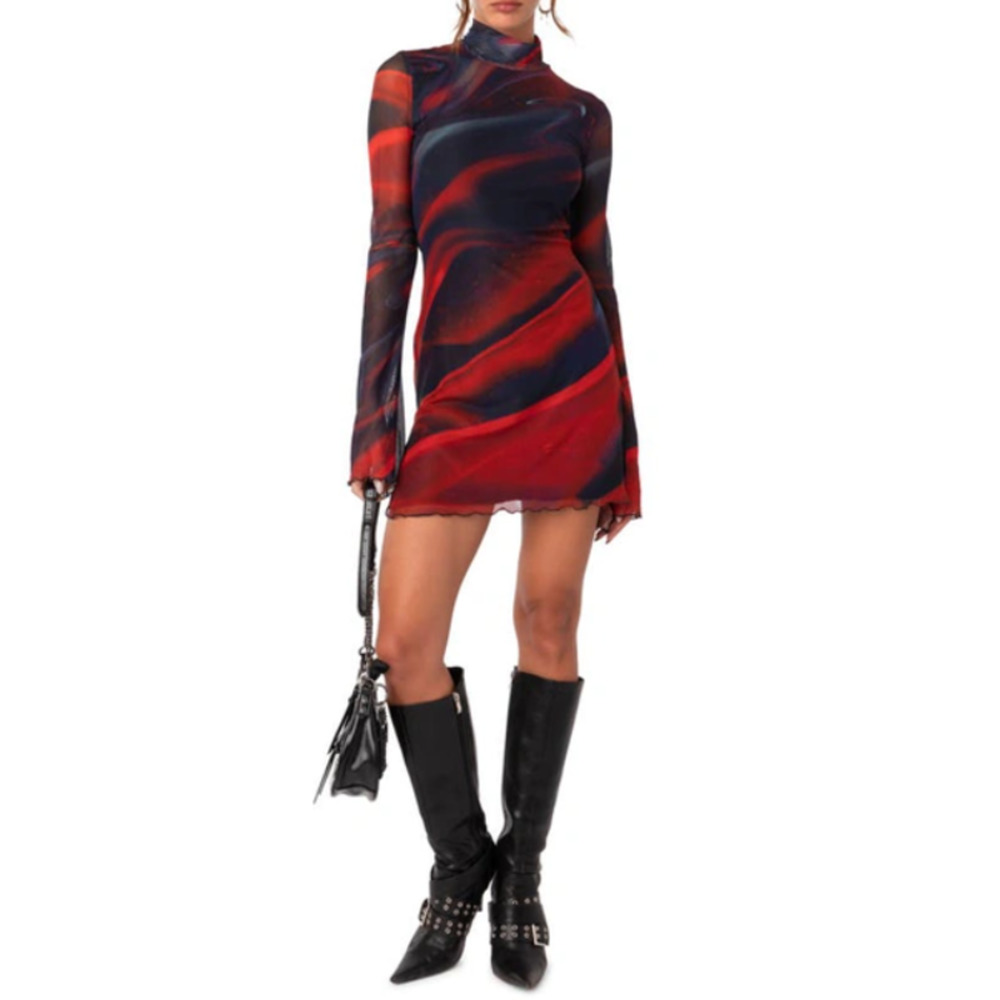 EDIKTED Sparks Fly Mesh Minidress Small Red Mock Neck Abstract NWOT - Picture 2 of 9